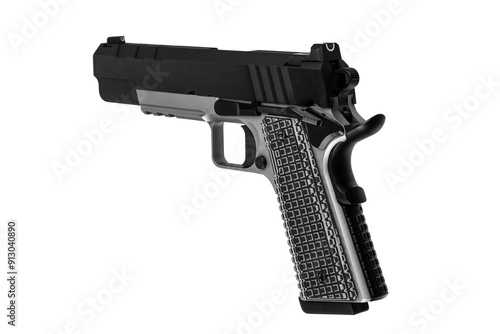 Modern semi-automatic pistol isolate on a white background. Armament for the army and police. Short-barreled weapon