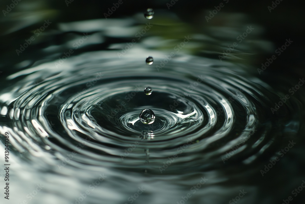 A clear water drop creates circular ripples as it falls onto a surface A clear water drop creates circular ripples as it falls onto a surface