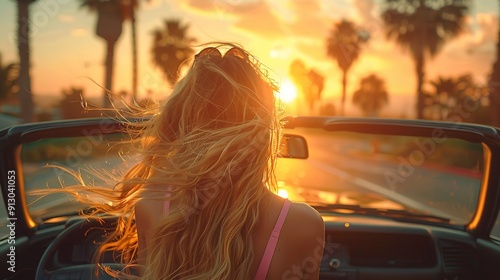 A woman with her hair blowing in the wind drives down Sunset Boulevard, surrounded by palm trees in Los Angeles.