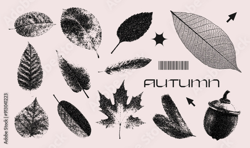 Black fall leaves set in stippling photocopy style. Imprints Stamps of various leaves. Halftone bold tropical leaf contemporary art. Forest stipple vector illustration for minimal design