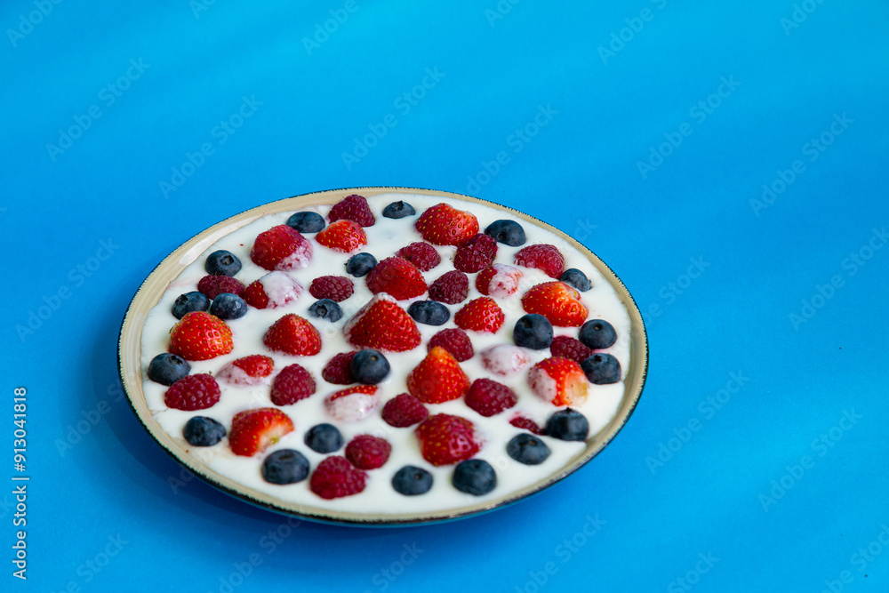 In a plate with freshly whipped cream juicy berries strawberries raspberries and blueberries on a blue background In a plate with freshly whipped cream juicy berries strawberries raspberries and blueberries on a blue background