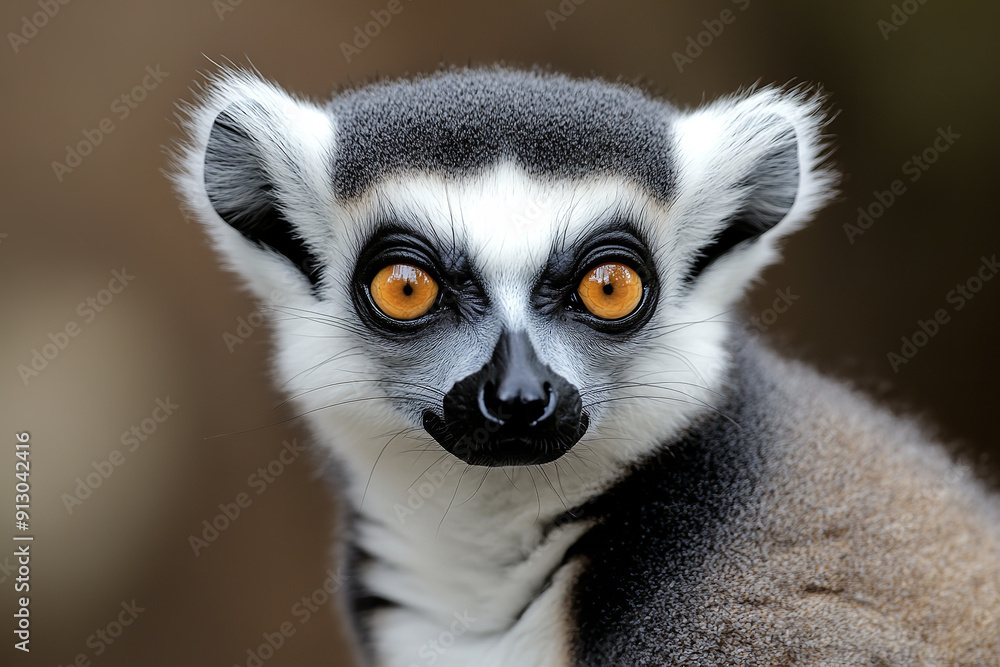 Obraz premium A portrait of a Lemur Catta showcases its distinctive features: large, expressive eyes and a bushy ringed tail