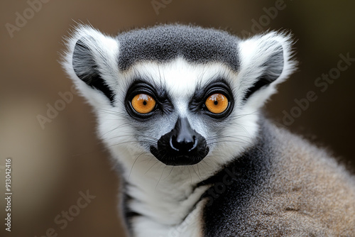 A portrait of a Lemur Catta showcases its distinctive features: large, expressive eyes and a bushy ringed tail