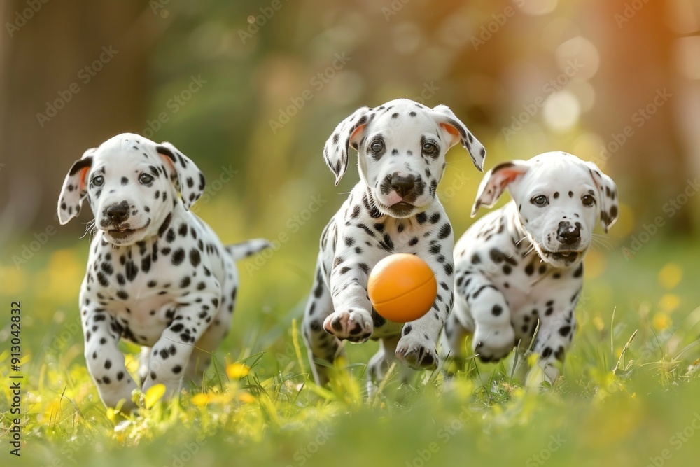 Beautiful dog, three dalmatian puppies playing ball on beautiful green grass background. Beautiful dog, three dalmatian puppies playing ball on beautiful green grass background.