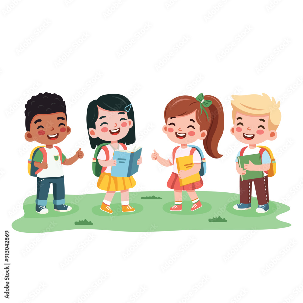Smiling international kids go to school with a book and a backpack on white background. Cartoon character in flat design style isolated. Vector illustration Smiling international kids go to school with a book and a backpack on white background. Cartoon character in flat design style isolated. Vector illustration