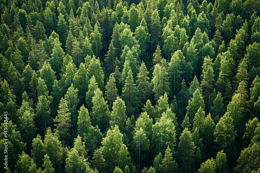 Obraz premium An aerial top view reveals a lush expanse of summer green trees in a rural Finnish forest.