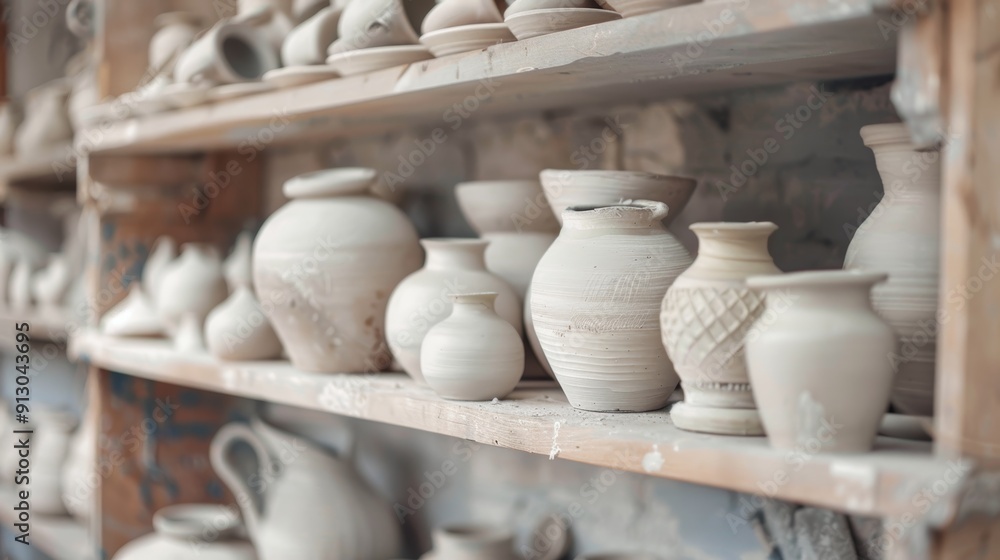 A workshop, creative store, or industrial startup with pottery backgrounds, ceramics, and shelves. Studio, small business, and retail craft shop show clay goods of stock manufacturing. A workshop, creative store, or industrial startup with pottery backgrounds, ceramics, and shelves. Studio, small business, and retail craft shop show clay goods of stock manufacturing.