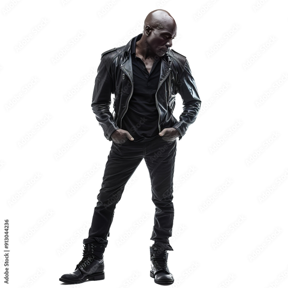 Serious african american man with hands in his pockets posing in black clothes Serious african american man with hands in his pockets posing in black clothes