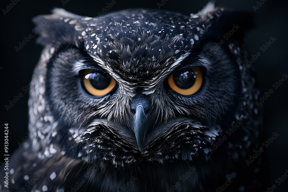 Fototapeta premium Close-up of a Great Spotted Owl, majestic, detailed plumage, intense gaze, sharp talons, dark silhouette