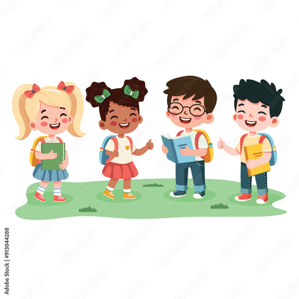 Smiling international kids go to school with a book and a backpack on white background. Cartoon character in flat design style isolated. Vector illustration Smiling international kids go to school with a book and a backpack on white background. Cartoon character in flat design style isolated. Vector illustration