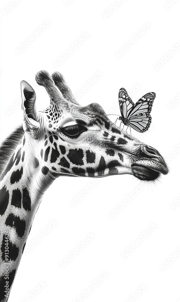 Obraz premium Giraffe portrait with butterfly sitting on its nose, black and white portrait, wildlife photography , profesional photography