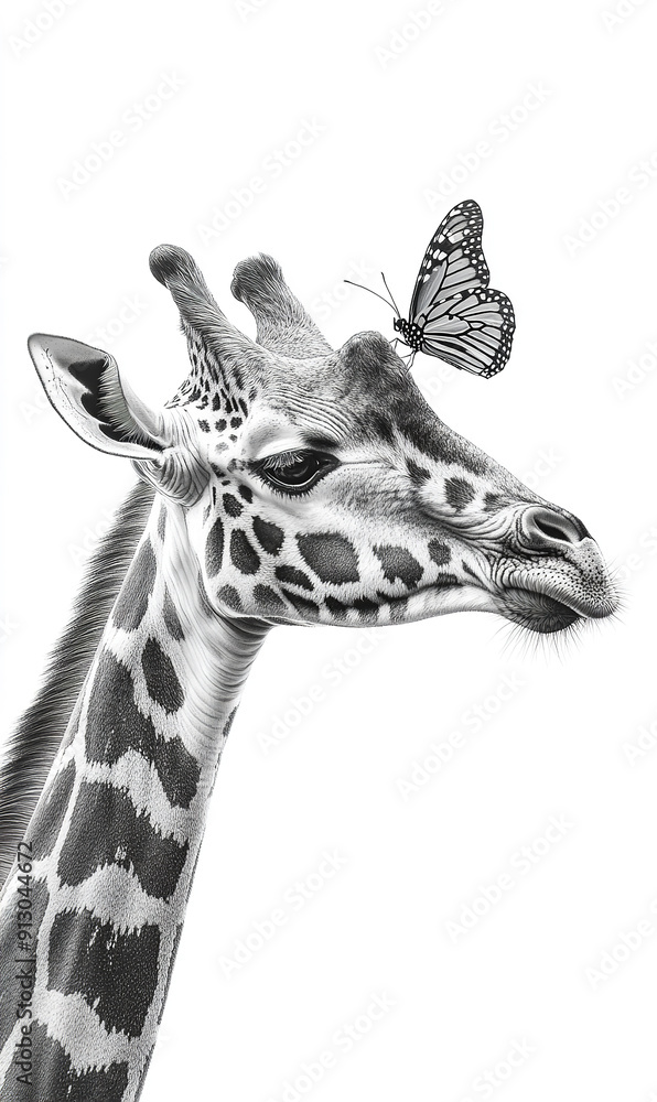 Obraz premium Giraffe portrait with butterfly sitting on its nose, black and white portrait, wildlife photography , profesional photography