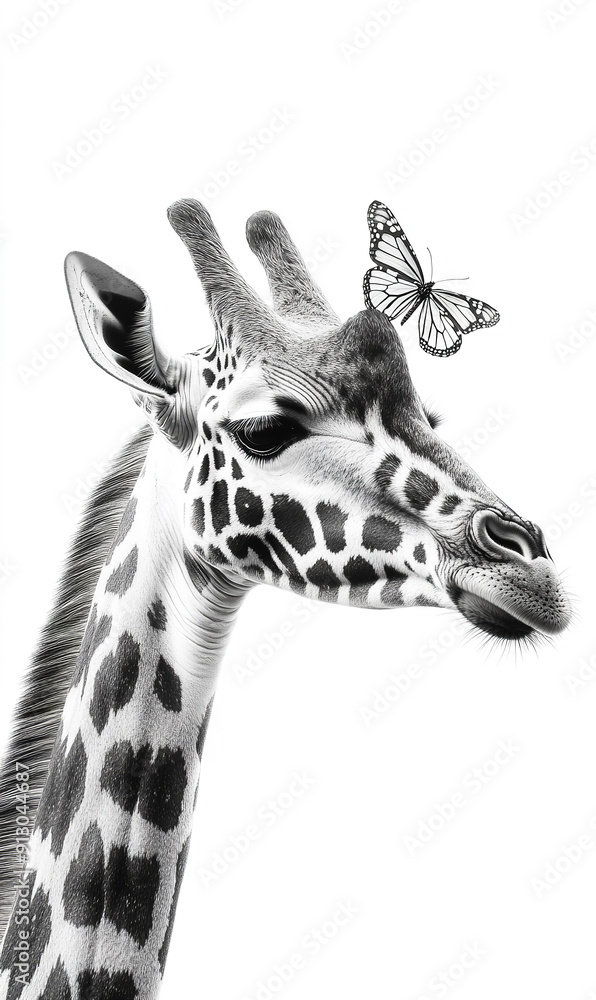 Fototapeta premium Giraffe portrait with butterfly sitting on its nose, black and white portrait, wildlife photography , profesional photography