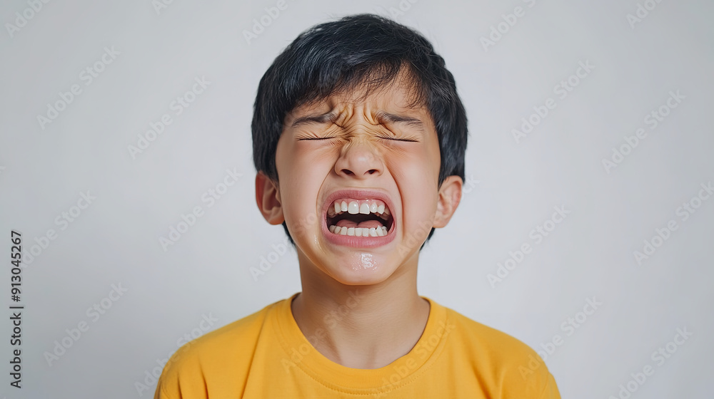 medium shot, frontal, asian teenager boy clenching teeth in frustration and teary eyes, white minimal infinity space background medium shot, frontal, asian teenager boy clenching teeth in frustration and teary eyes, white minimal infinity space background