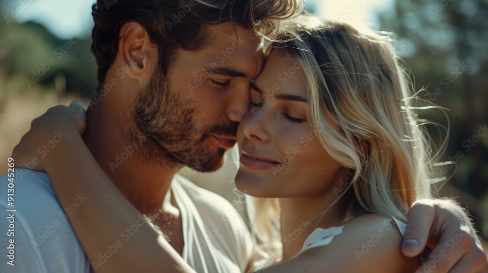 Loving, kissing, engaged couple eager for marriage in the sun. A young woman shows her ring finger outside as a romantic pair kisses. Loving, kissing, engaged couple eager for marriage in the sun. A young woman shows her ring finger outside as a romantic pair kisses.