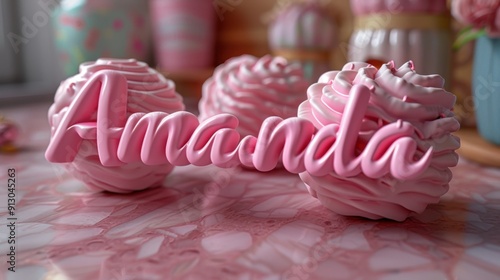 Close-up of pink frosted dessert with 'Amanda' script, set on a marble surface with colorful, pastel decor in the background.