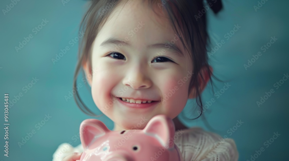 Mockup space, girl youngster, piggy bank, studio photo, saving and financial education on blue background. Girl, money box, goal-oriented, investing or developing cash discipline Mockup space, girl youngster, piggy bank, studio photo, saving and financial education on blue background. Girl, money box, goal-oriented, investing or developing cash discipline