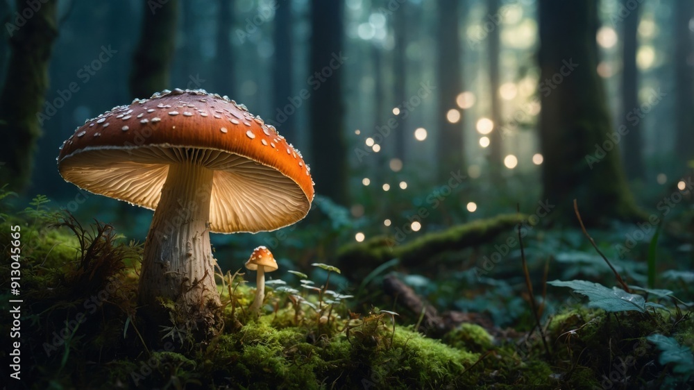 Fototapeta premium Close-up of a mushroom in a mystical forest setting, surrounded by glowing lights and lush greenery. 