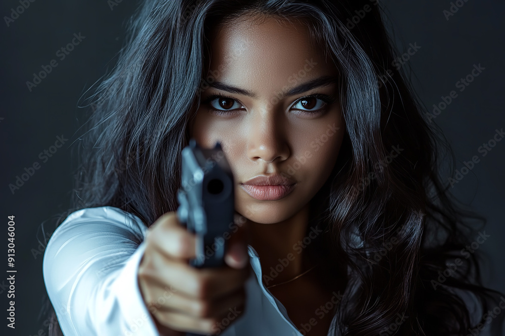attractive Biracial woman, long wavy hair, subtle smile, intense gaze, holding gun, white shirt, soft lighting attractive Biracial woman, long wavy hair, subtle smile, intense gaze, holding gun, white shirt, soft lighting