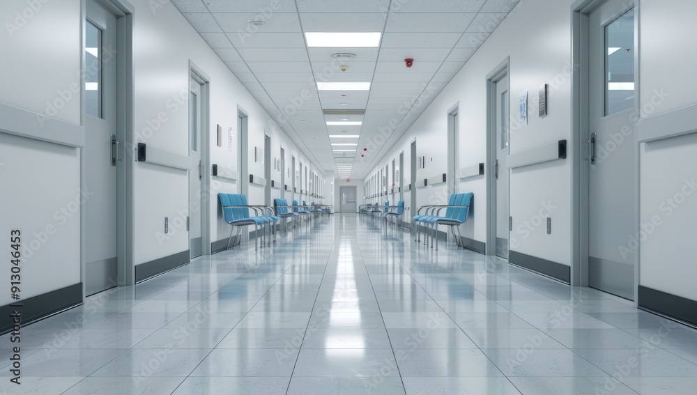 Empty Hospital Corridor with Blue Chairs Empty Hospital Corridor with Blue Chairs