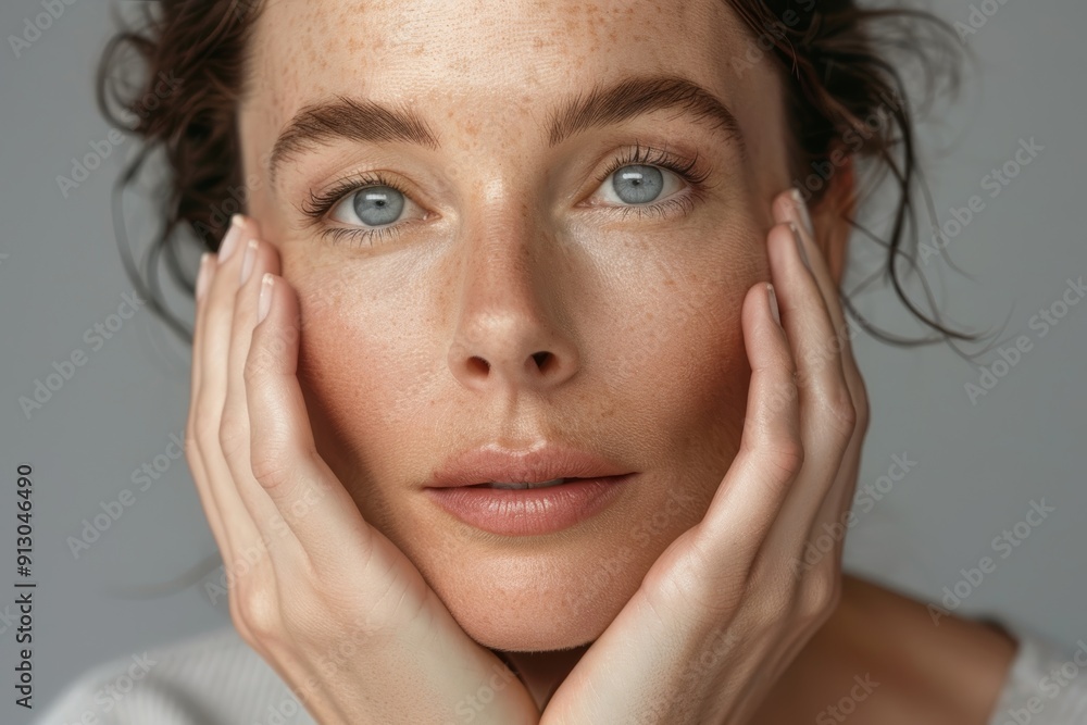 Studio portrait of woman with healthy, silky skin for self-love. Models, skin health, makeup, cosmetic shine, and self-care by studio background Studio portrait of woman with healthy, silky skin for self-love. Models, skin health, makeup, cosmetic shine, and self-care by studio background