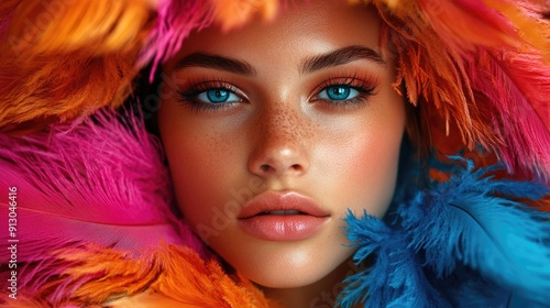 Vibrant Woman with Colorful Feather Accessories - Close-up Portrait with Dynamic Style and Pizzazz