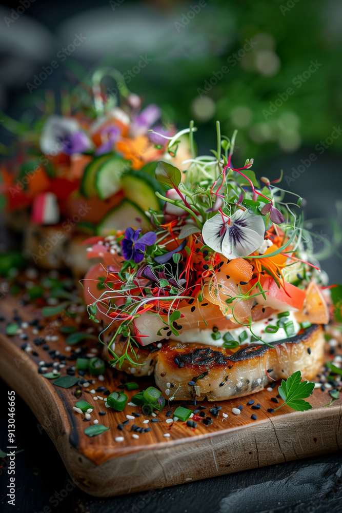 Fototapeta premium luxury toast sandwich with edible flowers, sprouts, raw salmon, caviar decorated in a variety of colors