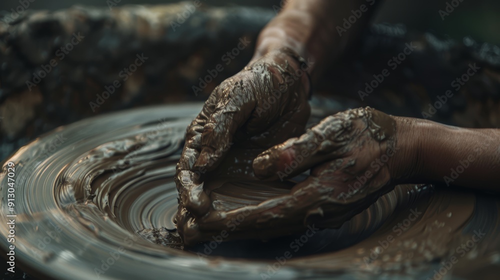 Fototapeta premium After making a sculpture or small business endeavor, hands, clay, and pottery wheel in a workshop. Artist sculptor making handmade molds in a studio