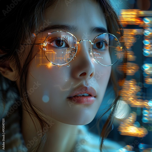 A Cyberpunk girl wearing a headset with microphone, one-eye glasses and white small LED lights. Red neon lights in the background. Asian girl in cyberpunk attire. Cyber and sci-fi backgrounds.
 photo