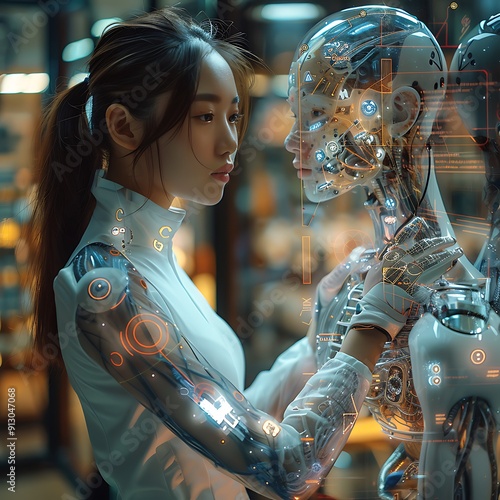 A Cyberpunk girl wearing a headset with microphone, one-eye glasses and white small LED lights. Red neon lights in the background. Asian girl in cyberpunk attire. Cyber and sci-fi backgrounds.
