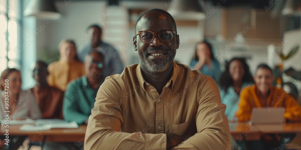 Obraz premium Black man, headshot, and business meeting with office teamwork, management, and workflow assistance for startup success. Smile, motivate, mature leadership, manager, or workshop collaboration