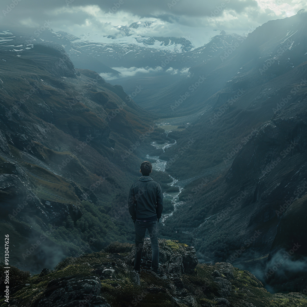 young man standing on the edge of a cliff young man standing on the edge of a cliff