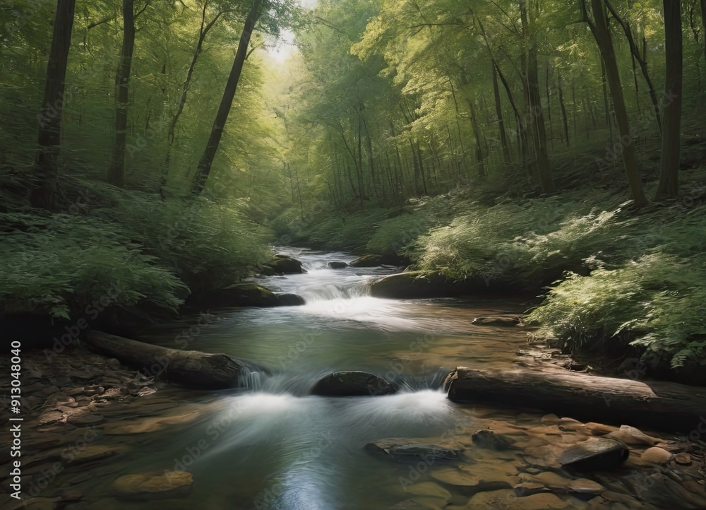 A tranquil stream gently flowing through a lush green forest, creating a peaceful atmosphere A tranquil stream gently flowing through a lush green forest, creating a peaceful atmosphere