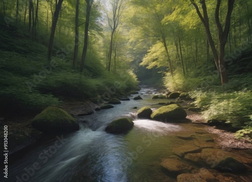 A tranquil stream gently flowing through a lush green forest, creating a peaceful atmosphere