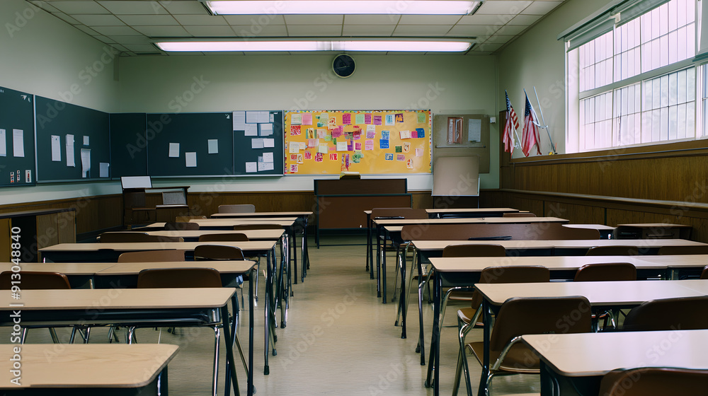A quiet classroom features empty desks arranged in rows, with a colorful bulletin board at the front and a serene atmosphere for learning A quiet classroom features empty desks arranged in rows, with a colorful bulletin board at the front and a serene atmosphere for learning