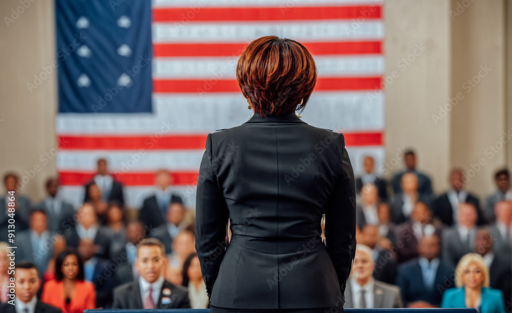 Rear view of a woman in a business suit speaking to an audience. Election campaign, press conference. US presidential election. American flags in the background. Rear view of a woman in a business suit speaking to an audience. Election campaign, press conference. US presidential election. American flags in the background.