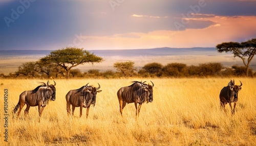 Naklejka gnus in savannah, AI generated