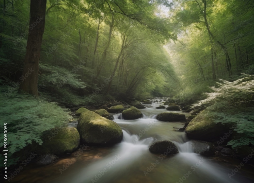 A tranquil stream gently flowing through a lush green forest, creating a peaceful atmosphere A tranquil stream gently flowing through a lush green forest, creating a peaceful atmosphere