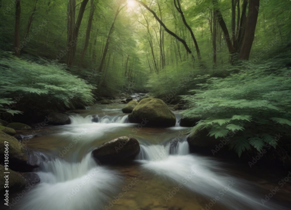 A tranquil stream gently flowing through a lush green forest, creating a peaceful atmosphere A tranquil stream gently flowing through a lush green forest, creating a peaceful atmosphere