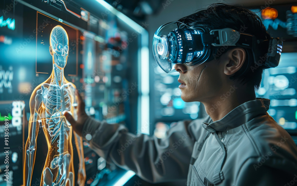 Man Interacting With Virtual Anatomy Display in Modern Lab Environment. A person uses augmented reality to explore human anatomy within a futuristic laboratory. Man Interacting With Virtual Anatomy Display in Modern Lab Environment. A person uses augmented reality to explore human anatomy within a futuristic laboratory.