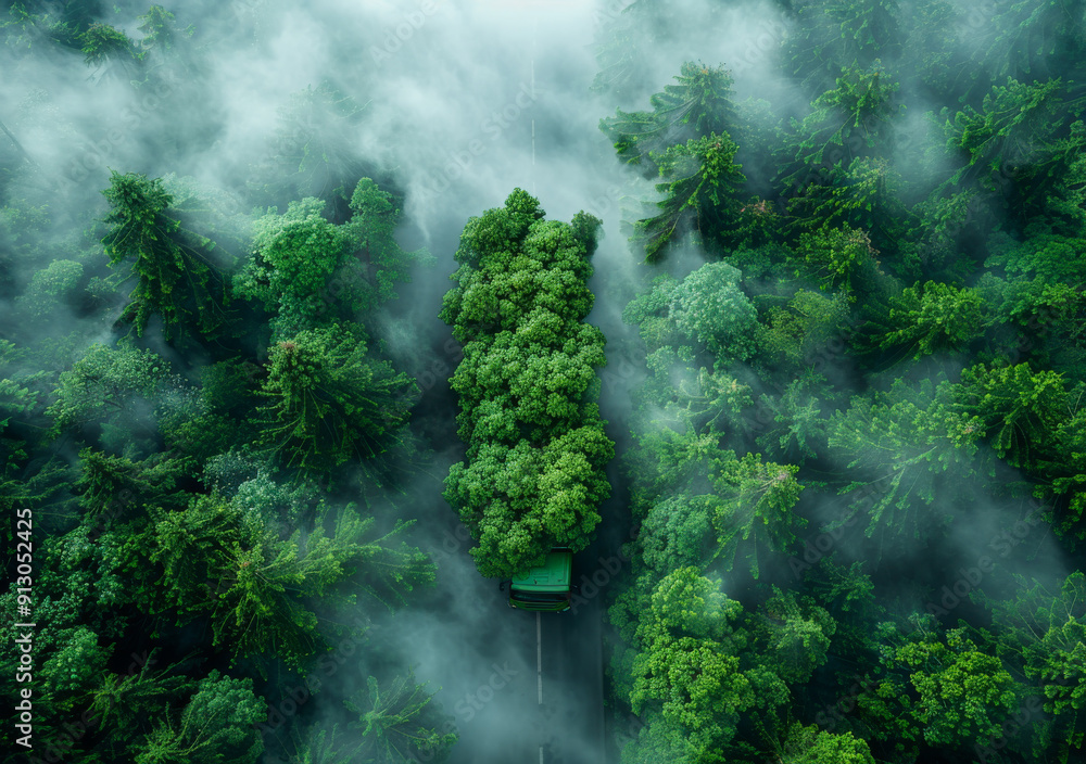 Dense Forest Overhead View With Fog and Greenery Surrounded Road. Aerial view showing a narrow road through a lush forest covered in fog. Dense Forest Overhead View With Fog and Greenery Surrounded Road. Aerial view showing a narrow road through a lush forest covered in fog.