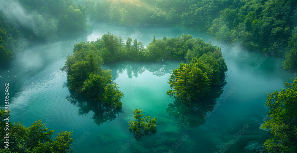 Serene Misty Lake With Circular Island Surrounded By Forest. A tranquil ...