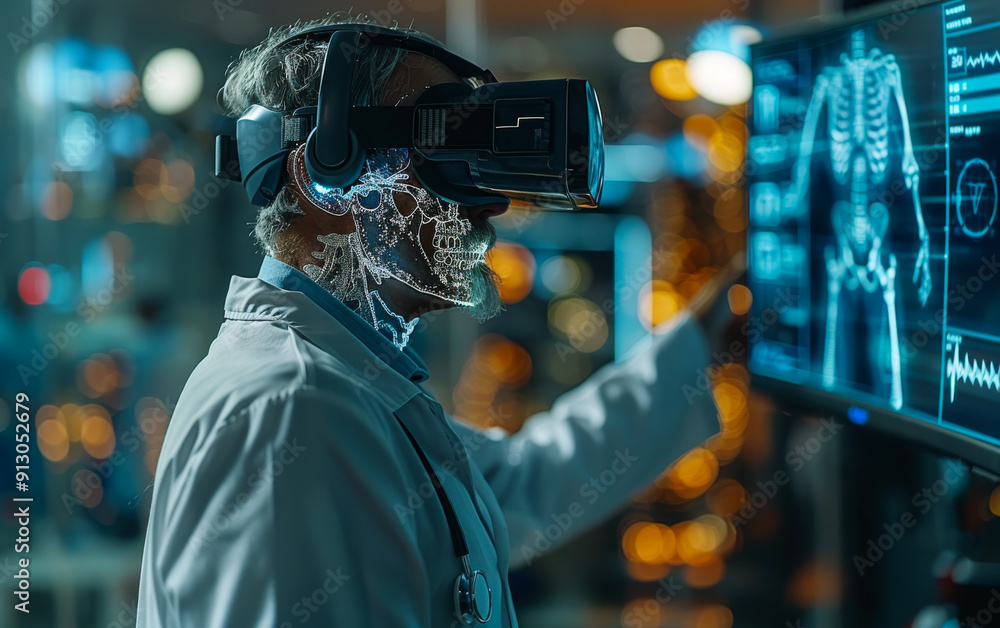 Doctor Using Virtual Reality for Medical Training in Modern Lab. A doctor engages with virtual reality technology for advanced medical training in a high-tech laboratory setting.