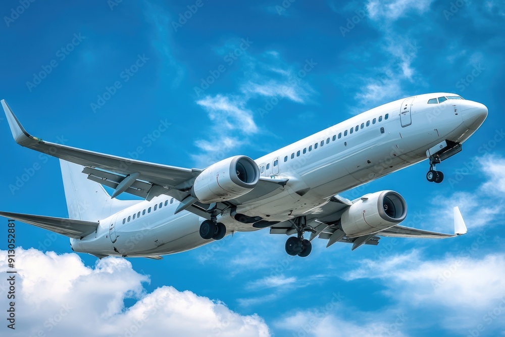 Fototapeta premium A white passenger airplane soars effortlessly through a vibrant blue sky