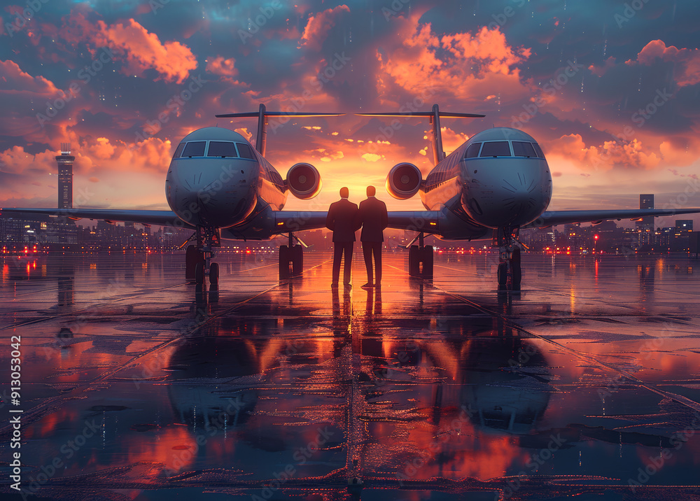 Sunset View of Two Jets With Silhouetted Figures at Airport. Two silhouettes stand before twin jets under a vibrant sunset at the airport. Sunset View of Two Jets With Silhouetted Figures at Airport. Two silhouettes stand before twin jets under a vibrant sunset at the airport.
