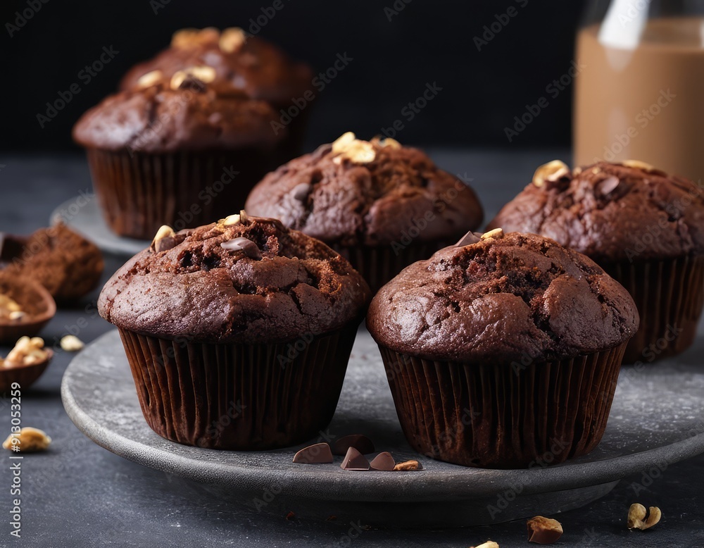 Indulge in these Delicious Chocolate Muffins with Nuts perfectly arranged on a Dark Plate Indulge in these Delicious Chocolate Muffins with Nuts perfectly arranged on a Dark Plate