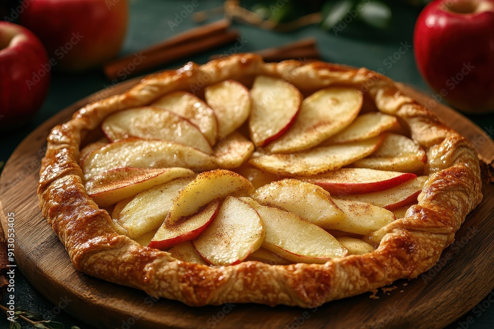 Rustic Golden Crust Apple Galette on Wooden Board with Cinnamon Sticks and Red-Cut Apples in Soft Lighting - Cinematic Modern Food Photography Rustic Golden Crust Apple Galette on Wooden Board with Cinnamon Sticks and Red-Cut Apples in Soft Lighting - Cinematic Modern Food Photography
