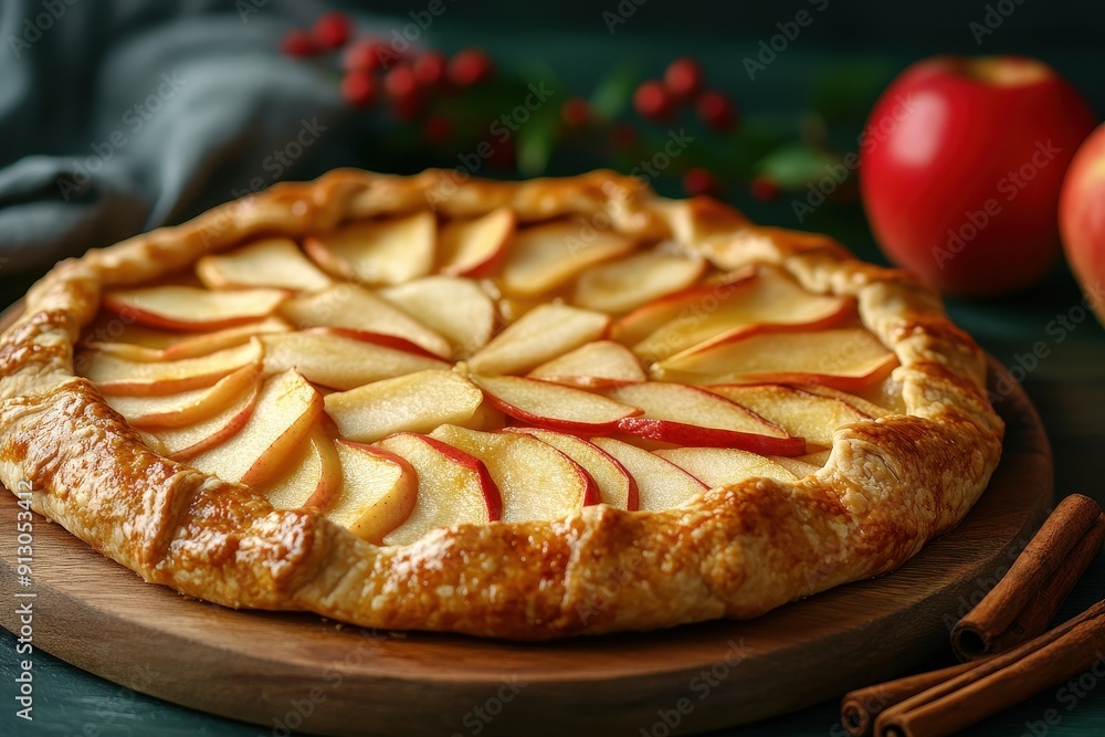 Golden Crust Apple Galette on Wooden Board with Cinnamon Sticks and Red-Cut Apples - Modern Food Photography with Cinematic Style Golden Crust Apple Galette on Wooden Board with Cinnamon Sticks and Red-Cut Apples - Modern Food Photography with Cinematic Style