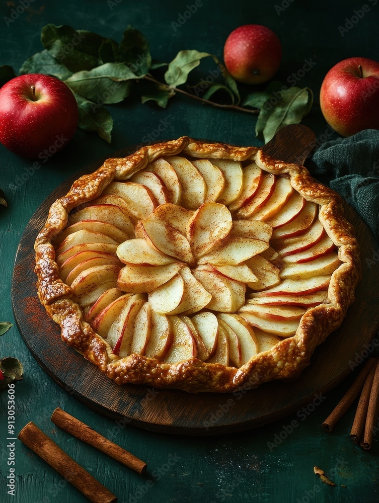 Exquisite Golden Crust Apple Galette Arrangement on Wooden Board with Cinnamon Sticks and Red-Cut Apples - Modern Food Photography Exquisite Golden Crust Apple Galette Arrangement on Wooden Board with Cinnamon Sticks and Red-Cut Apples - Modern Food Photography