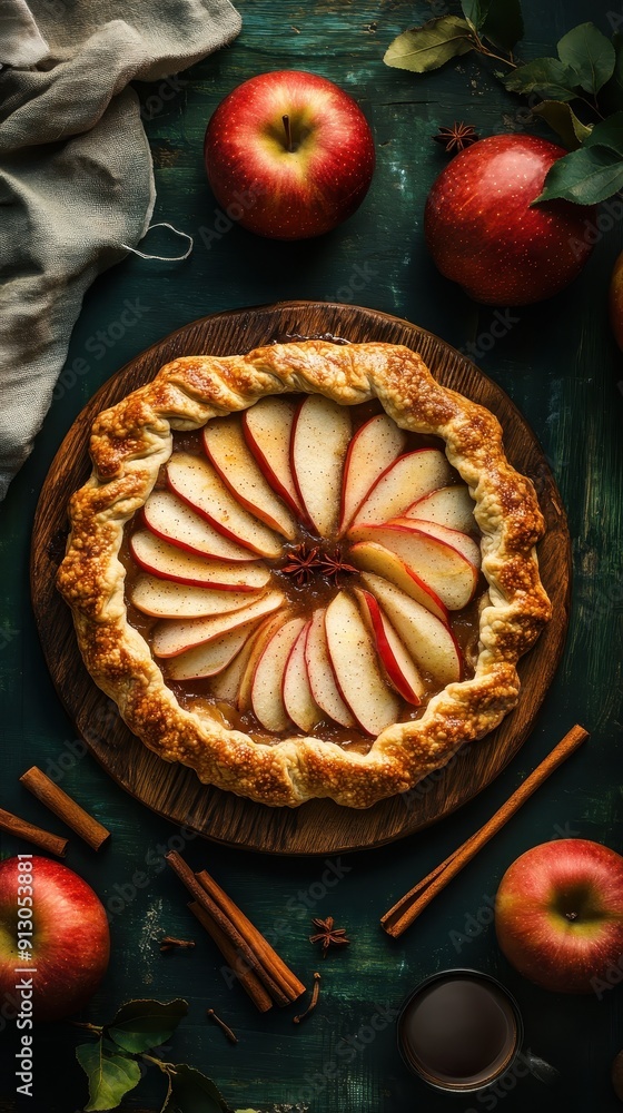 Delicious Apple Galette with Golden Crust on Wooden Board, Dark Green Background, Coffee Break Scene with Whole Apples and Cinnamon Sticks Delicious Apple Galette with Golden Crust on Wooden Board, Dark Green Background, Coffee Break Scene with Whole Apples and Cinnamon Sticks